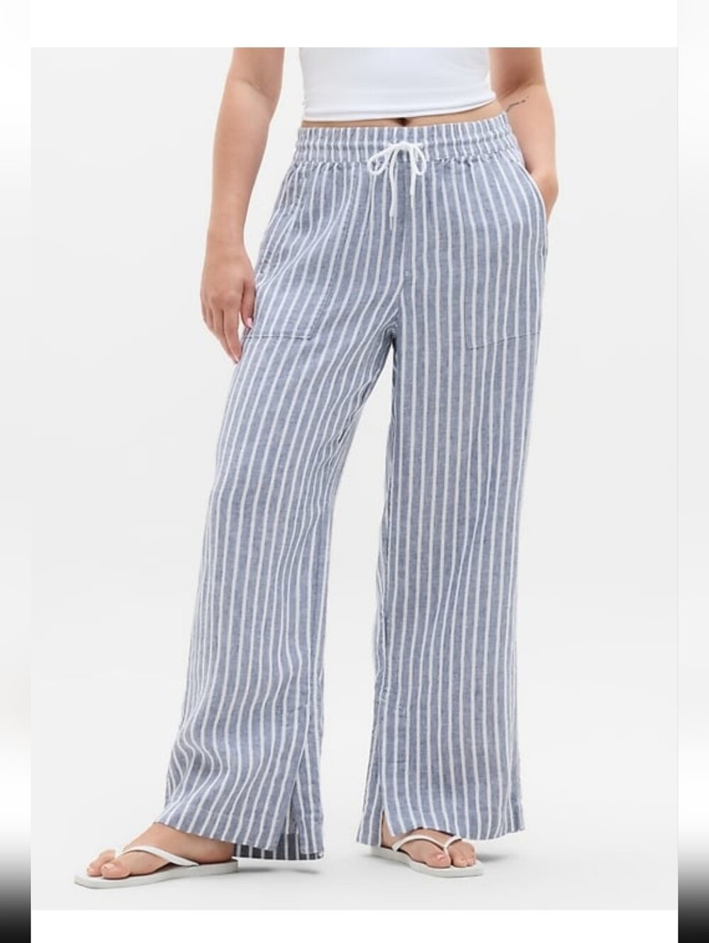 NWT Athleta Retreat Linen High Rise Wide Leg Pant, Shadow Blue Stripe, Size S